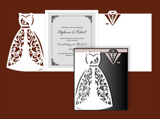 Laser cut template of wedding invitation with bride and groom clothes. Fold card with openwork silhouette of white bridal dress, tuxedo. Paper cutout postcard with holiday outfit. Vector illustration.