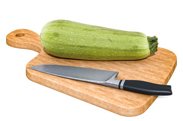 Courgette or zucchini lies on a wooden board next to a knife, 3D rendering