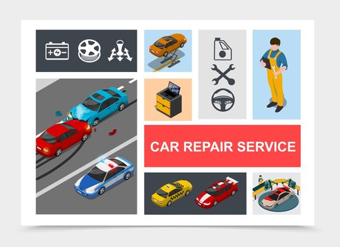 Isometric Car Repair Service Composition