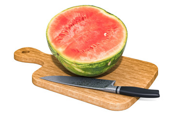 Watermelon lies on a wooden board next to a knife, 3D rendering