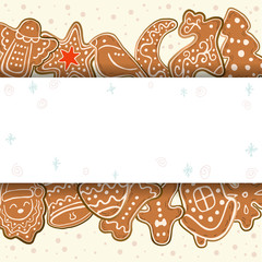 Gingerbread Christmas Cookies. Bell, dog, bone, star, trees, foot. Merry Christmas. New Year. Template for greeting card, postcard. Vector illustration