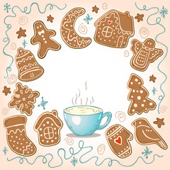 Holiday Collection. Gingerbread Christmas Cookies. Snowflake, sock, moon, ball, bird, angel, home, trees. Merry Christmas. New Year. Template for greeting card, postcard with space for text. Vector