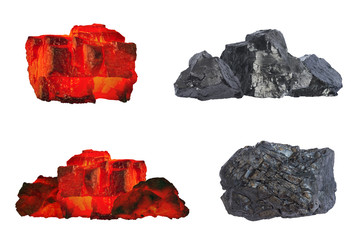 Set of raw coal nugetts isolated on white background. Group of coal bars with red and black pieces in hot and cold condition. Red hot burning and cold black coal mine close up isolated on white.