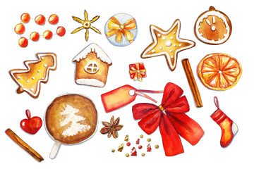 Cozy red and gold horizontal flatlay christmas composition