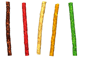 Dry multi-colored pressed sticks for feeding dogs.