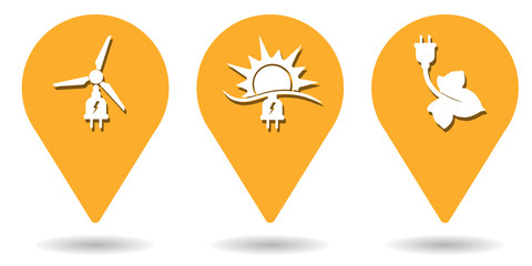 Location pins for green energy, wind energy and solar energy
