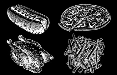 Graphical fast food set isolated on black background,vector illustration. Take away products