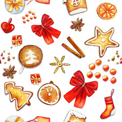 Christmas watercolor seamless pattern with bakery and decorations