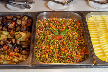 Smorgasbord for vegetarians, mashed potatoes, roasted vegetables