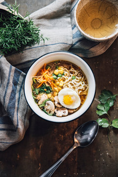 Food: Asian vegetable mie noodle soup with egg