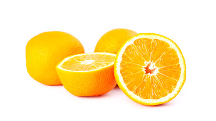 fresh oranges on a white background, a bright juicy logo of an orange in a cut