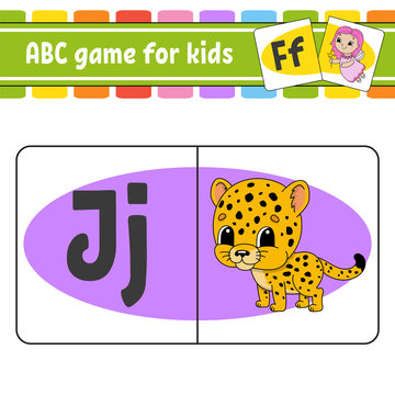 ABC flash cards. Alphabet for kids. Learning letters. Education developing worksheet. Activity page for study English. Game for children. Funny character. Isolated vector illustration. Cartoon style.