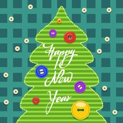 A stylized image of a Christmas tree in the form of sewn fabric and Christmas toys in the form of buttons. New Year card.