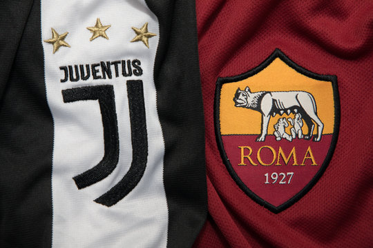 BANGKOK THAILAND - SEPTEMBER 14: The Logo Of Juventus And A.S. Roma On  Football Jersey