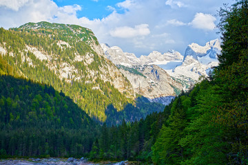 Fototapeta na wymiar Beautiful Gosausee lake landscape with Dachstein mountains in Austrian Alps.