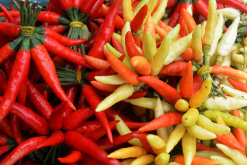 Red and White Hot Chili Peppers at the Market