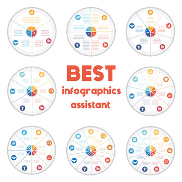 Pie chart diagrams data 3, 4, 5, 6, 7, 8, 9, 10 options for text area. Template infographics with icons and numbered