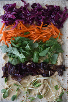 Close up of vegetables on tortilla