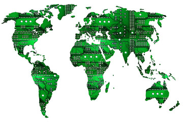 Technology concept. World map on main circuit board. 3D rendering