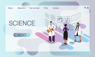 Scientists discuss the results of research in the laboratory and analyze data on an interactive screen. Website concept, landing page design template