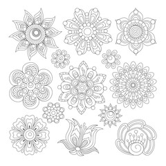 Floral collection in zentangle style (set 1), for coloring page. Design elements,  coloring books ideas. Original zentangle art illustration. 