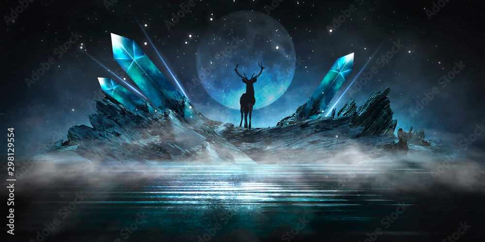 Wall mural futuristic abstract landscape, night view, neon blue light. deer on top, big moon. dark scene of nig