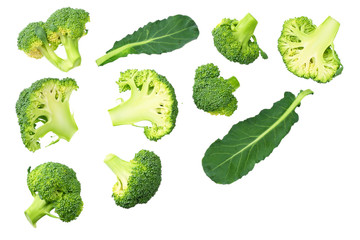 green broccoli with slices and leaves isolated on white background. top view