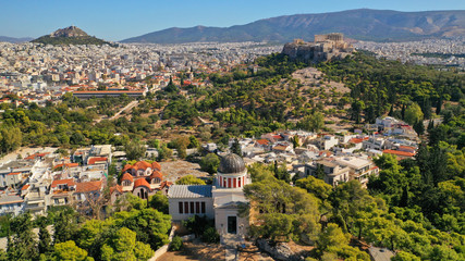 Fototapeta premium Aerial drone photo of Athens National Observatory and Acropolis - Lycabettus hill at the background, Attica, Greece