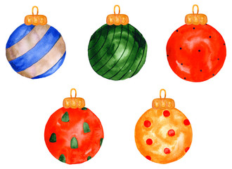 Set of watercolor Christmas balls. New Year toys. Illustration isolated on a white background.