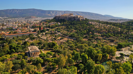Fototapeta na wymiar Aerial drone photo of famous area of archaeological site of Ancient Forum of Athens, Attica, Greece