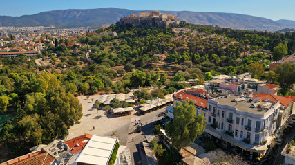 Fototapeta na wymiar Aerial drone photo of popular picturesque area of Thiseio with great views to Acropolis hill and the Parthenon and great pedestrian road of Dionisiou Areopagitou, Athens, Attica, Greece