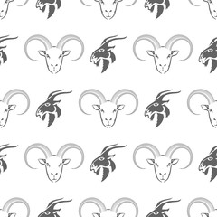 Horned Goats Seamless Pattern Isolated on White Background. Grey Silhouette of Ram.