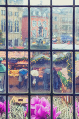 Magic view from the window at the Christmas Market and monument, city of Aachen, North...
