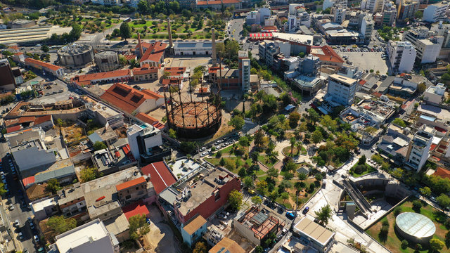 Aerial drone photo of famous area of Gazi and Kerameikos in the heart of Athens, Attica, Greece