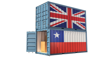 Two freight container with Chile and United Kingdom flag. Isolated on white - 3D Rendering