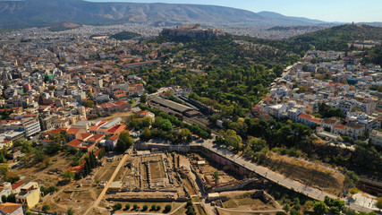 Aerial drone photo of archaeological site of Kerameikos, Athens historic centre, Attica, Greece