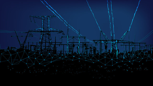 Electric Towers polygonal. Concept Production and transportation of electricity. Background of beautiful dark blue night sky with lines and dots.