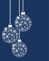Hanging christmas ball baubles decorated with various white snowflakes and stars on blue background. Flat retro style. Vector EPS10 illustration for greeting card design
