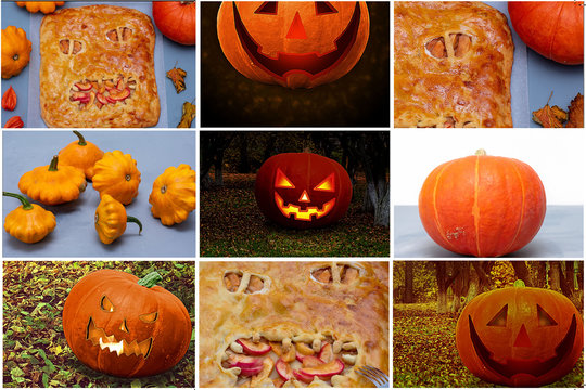 Collage of scary pictures for Halloween, different pumpkins and cake. Horizontal orientation
