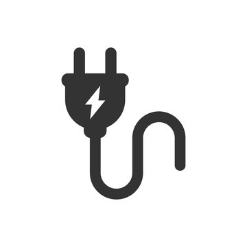 Electrical plug with lighting symbol and cable black vector icon. Plug with wire simple glyph pictogram symbol.