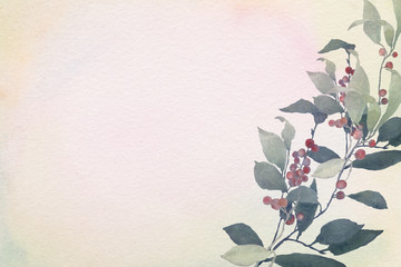 red berries and leaves on pink watercolor background