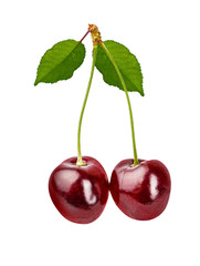 Cherry with leaf green isolated on white background with clipping path