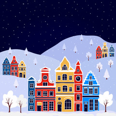 Fototapeta na wymiar Winter urban landscape. City with snow. Christmas and new year. Old european town. Cityscape. Сolorful old houses. Cartoon buildings. Vector illustration. 