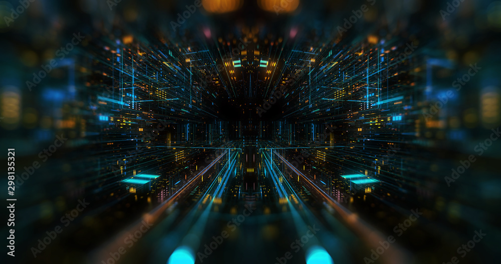 Poster quantum computer environment with digital technology, processing unit of an advanced artificial inte