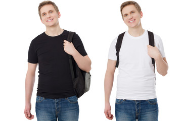 Happy successful young guy in blank white black summer t shirt isolated. Template mockup t-shirt...