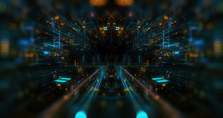 Quantum computer environment with digital technology, processing unit of an advanced Artificial intelligence. Flight through flow of digital information tunnel / cloud computing. 3D render