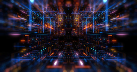 Quantum computer environment with digital technology, processing unit of an advanced Artificial intelligence. Flight through flow of digital information tunnel / cloud computing. 3D render