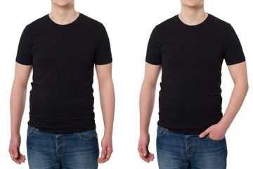 Close up Man in T-shirt black template. Guy Shirts set. tshirt mockup Front view. Mock up isolated on white background. Blank summer shirt. Copy space. Cropped image
