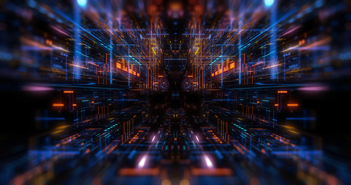 Quantum computer environment with digital technology, processing unit of an advanced Artificial intelligence. Flight through flow of digital information tunnel / cloud computing. 3D render