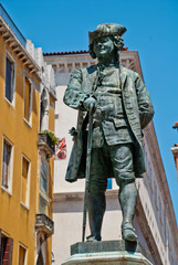 Venice, Italy: Monument to Goldoni in Venice (sculpted by Antonio Dal Zotto), Campo S. Bortolomio near Rialto Bridge